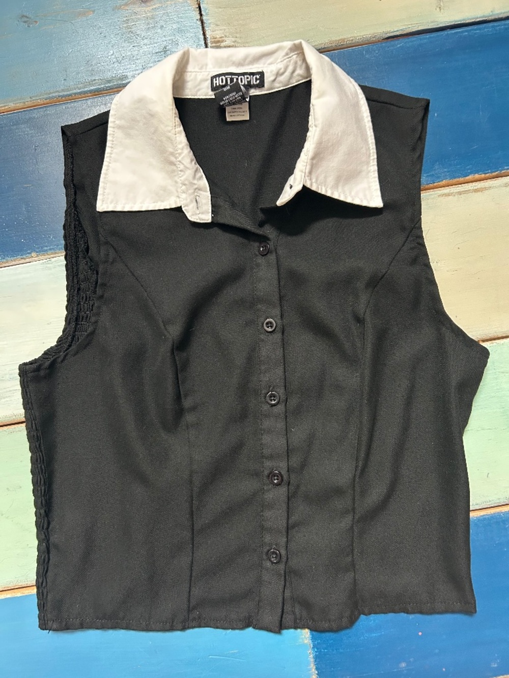 Hot Topic Sleeveless Button Front Top Black White Collared Stretch Blouse Size S